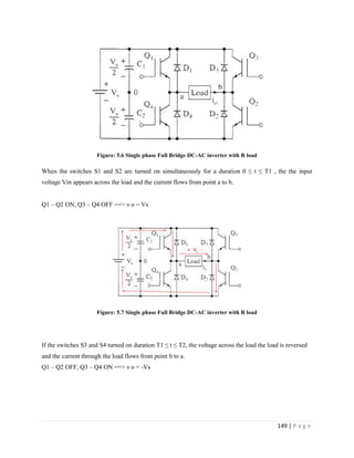 149 | P a g e
Figure: 5.6 Single phase Full Bridge DC-AC inverter with R load
When the switches S1 and S2 are turned on simultaneously for a duration 0 ≤ t ≤ T1 , the the input
voltage Vin appears across the load and the current flows from point a to b.
Q1 – Q2 ON, Q3 – Q4 OFF ==> ν o = Vs
Figure: 5.7 Single phase Full Bridge DC-AC inverter with R load
If the switches S3 and S4 turned on duration T1 ≤ t ≤ T2, the voltage across the load the load is reversed
and the current through the load flows from point b to a.
Q1 – Q2 OFF, Q3 – Q4 ON ==> ν o = -Vs
 