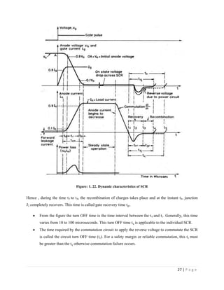 27 | P a g e
Figure: 1. 22. Dynamic characteristics of SCR
Hence , during the time t3 to t4, the recombination of charges takes place and at the instant t4, junction
J2 completely recovers. This time is called gate recovery time tgr.
 From the figure the turn OFF time is the time interval between the t4 and t1. Generally, this time
varies from 10 to 100 microseconds. This turn OFF time tq is applicable to the individual SCR.
 The time required by the commutation circuit to apply the reverse voltage to commutate the SCR
is called the circuit turn OFF time (tc). For a safety margin or reliable commutation, this tc must
be greater than the tq otherwise commutation failure occurs.
 