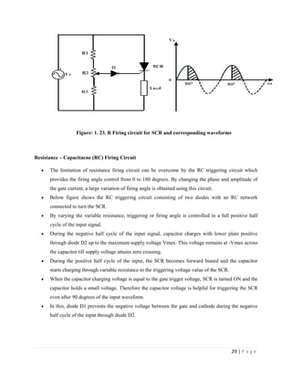 29 | P a g e
Figure: 1. 23. R Firing circuit for SCR and corresponding waveforms
Resistance – Capacitacne (RC) Firing Circuit
 The limitation of resistance firing circuit can be overcome by the RC triggering circuit which
provides the firing angle control from 0 to 180 degrees. By changing the phase and amplitude of
the gate current, a large variation of firing angle is obtained using this circuit.
 Below figure shows the RC triggering circuit consisting of two diodes with an RC network
connected to turn the SCR.
 By varying the variable resistance, triggering or firing angle is controlled in a full positive half
cycle of the input signal.
 During the negative half cycle of the input signal, capacitor charges with lower plate positive
through diode D2 up to the maximum supply voltage Vmax. This voltage remains at -Vmax across
the capacitor till supply voltage attains zero crossing.
 During the positive half cycle of the input, the SCR becomes forward biased and the capacitor
starts charging through variable resistance to the triggering voltage value of the SCR.
 When the capacitor charging voltage is equal to the gate trigger voltage, SCR is turned ON and the
capacitor holds a small voltage. Therefore the capacitor voltage is helpful for triggering the SCR
even after 90 degrees of the input waveform.
 In this, diode D1 prevents the negative voltage between the gate and cathode during the negative
half cycle of the input through diode D2.
 