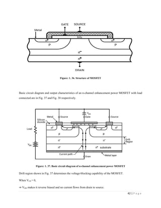 42 | P a g e
Figure: 1. 36. Structure of MOSFET
Basic circuit diagram and output characteristics of an n-channel enhancement power MOSFET with load
connected are in Fig. 37 and Fig. 38 respectively.
Figure: 1. 37. Basic circuit diagram of n-channel enhancement power MOSFET
Drift region shown in Fig. 37 determines the voltage-blocking capability of the MOSFET.
When VGS = 0,
⇒ VDD makes it reverse biased and no current flows from drain to source.
 