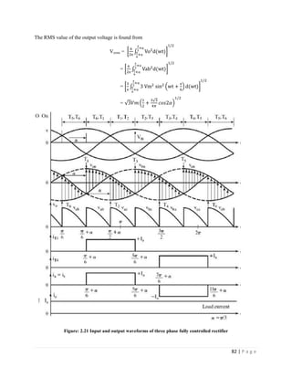 82 | P a g e
The RMS value of the output voltage is found from
Vorms = π
π
α
π
α
= π
π
α
π
α
= π
π
π
α
π
α
=
Figure: 2.21 Input and output waveforms of three phase fully controlled rectifier
 
