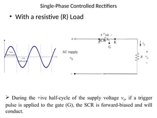 Single-Phase Controlled Rectifiers
• With a resistive (R) Load
 During the +ive half-cycle of the supply voltage vS, if a trigger
pulse is applied to the gate (G), the SCR is forward-biased and will
conduct.
SCR
 