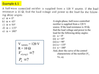 Example 6.1
V S(RMS) = 120 V
R = 10 Ω
?
?
)
(


L
avg
o
P
V
A single-phase, half-wave controlled
rectifier is supplied from a 120 V
source. If the load resistance is 10 Ω,
find the load voltage and power to the
load for the following delay angles:
(i) α = 0º
(ii) α = 45º
(iii) α = 90º
(iv) α = 135º
(v) α = 180º
And, draw the curve of the control
characteristic of the rectifier (Vn
Vs. α).
 
