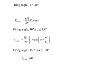 
















6
cos
1
2
3
)
(



m
avg
o
V
V
Firing angle, α ≤ 30º
Firing angle, 30º ≤ α ≤ 150º


cos
2
3
3
)
( m
avg
o V
V 
Firing angle, 150º ≤ α ≤ 180º
0
)
( 
avg
o
V
 