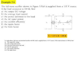 Example 5.6
Vs = 115 V, R = 100 
A single-phase, full-wave uncontrolled rectifier with RL load is supplied from a 115 V source. If the load resistance is 100 Ω, find
(i) The output DC voltage
(ii) The average load current
(iii) The power delivered to the load
(iv) The AC input power
(v) The rectifier efficiency
(vi) The ripple factor
 