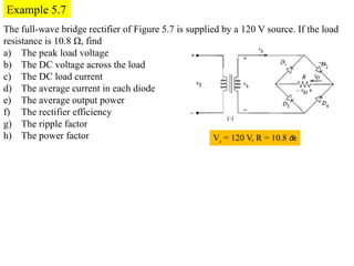 Example 5.7
Vs = 120 V, R = 10.8 
The full-wave bridge rectifier of Figure 5.7 is supplied by a 120 V source. If the load
resistance is 10.8 Ω, find
a) The peak load voltage
b) The DC voltage across the load
c) The DC load current
d) The average current in each diode
e) The average output power
f) The rectifier efficiency
g) The ripple factor
h) The power factor
 