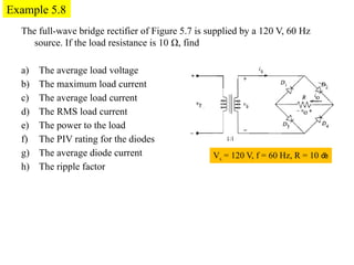 The full-wave bridge rectifier of Figure 5.7 is supplied by a 120 V, 60 Hz
source. If the load resistance is 10 Ω, find
a) The average load voltage
b) The maximum load current
c) The average load current
d) The RMS load current
e) The power to the load
f) The PIV rating for the diodes
g) The average diode current
h) The ripple factor
Example 5.8
Vs = 120 V, f = 60 Hz, R = 10 
 