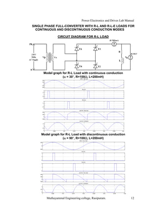 Power Electronics and Drives Lab Manual
SINGLE PHASE FULL-CONVERTER WITH R-L AND R-L-E LOADS FOR
  CONTINUOUS AND DISCONTINUOUS CONDUCTION MODES

               CIRCUIT DIAGRAM FOR R-L LOAD




      Model graph for R-L Load with continuous conduction
                         °
                  ( = 30°, R=100 , L=200mH)




     Model graph for R-L Load with discontinuous conduction
                          °
                   ( = 90°, R=100 , L=200mH)




        Muthayammal Engineering college, Rasipuram.                  12
 