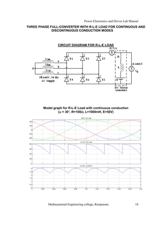 Power Electronics and Drives Lab Manual
THREE PHASE FULL-CONVERTER WITH R-L-E LOAD FOR CONTINUOUS AND
             DISCONTINUOUS CONDUCTION MODES



                 CIRCUIT DIAGRAM FOR R-L-E LOAD




        Model graph for R-L-E Load with continuous conduction
                        °
                 ( = 30°, R=100 , L=1000mH, E=50V)




           Muthayammal Engineering college, Rasipuram.                  18
 