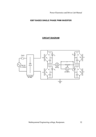 Power Electronics and Drives Lab Manual



 IGBT BASED SINGLE PHASE PWM INVERTER




                CIRCUIT DIAGRAM




Muthayammal Engineering college, Rasipuram.                  32
 