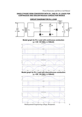 Power Electronics and Drives Lab Manual
SINGLE PHASE SEMI-CONVERTER WITH R-L AND R-L-E LOADS FOR
  CONTINUOUS AND DISCONTINUOUS CONDUCTION MODES

               CIRCUIT DIAGRAM FOR R-L LOAD




      Model graph for R-L Load with continuous conduction
                         °
                  ( = 30°, R=100 , L=100mH)




     Model graph for R-L Load with discontinuous conduction
                          °
                   ( = 90°, R=100 , L=100mH)




        Muthayammal Engineering college, Rasipuram.                   6
 