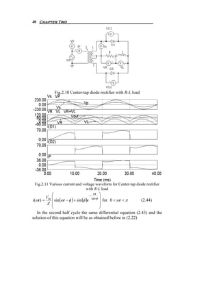 40 Chapter Two
Fig.2.10 Center-tap diode rectifier with R-L load
Fig.2.11 Various current and voltage waveform for Center-...