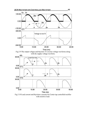 SCR Rectifier or Controlled Rectifier                                       95




 Fig.3.9 The output voltgae and thyristor T1 reverse voltage wavforms along
                      with the supply voltage wavform.




Fig.3.10 Load current and thyristors currents for Center tap controlled rectifier
                             with resistive load.
 