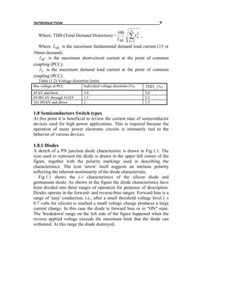 Introduction                                                                9
                                                            ∞
                                                   100
   Where; TDD (Total Demand Distortion) =
                                                   I ML
                                                           ∑ I n2 ,
                                                           n=2
  Where I ML is the maximum fundamental demand load current (15 or
30min demand).
   I SC is the maximum short-circuit current at the point of common
coupling (PCC).
   I L is the maximum demand load current at the point of common
coupling (PCC).
   Table (1.2) Voltage distortion limits
Bus voltage at PCC            Individual voltage distortion (%)       THDv (%)
69 kV and blow                3.0                                     5.0
69.001 kV through 161kV       1.5                                     2.5
161.001kV and above           1                                       1.5

1.8 Semiconductors Switch types
At this point it is beneficial to review the current state of semiconductor
devices used for high power applications. This is required because the
operation of many power electronic circuits is intimately tied to the
behavior of various devices.

1.8.1 Diodes
A sketch of a PN junction diode characteristic is drawn in Fig.1.1. The
icon used to represent the diode is drawn in the upper left corner of the
figure, together with the polarity markings used in describing the
characteristics. The icon 'arrow' itself suggests an intrinsic polarity
reflecting the inherent nonlinearity of the diode characteristic.
   Fig.1.1 shows the i-v characteristics of the silicon diode and
germanium diode. As shown in the figure the diode characteristics have
been divided into three ranges of operation for purposes of description.
Diodes operate in the forward- and reverse-bias ranges. Forward bias is a
range of 'easy' conduction, i.e., after a small threshold voltage level ( »
0.7 volts for silicon) is reached a small voltage change produces a large
current change. In this case the diode is forward bias or in "ON" state.
The 'breakdown' range on the left side of the figure happened when the
reverse applied voltage exceeds the maximum limit that the diode can
withstand. At this range the diode destroyed.
 