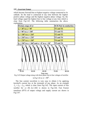 132 Chapter Three
which become forward bias at highest negative voltage connected to its
cathode. So the load is connected at any time between the highest
positive phase voltage and the highest negative phase voltage. So, the
load voltage equal the highest line to line voltage at any time which is
clear from Fig.3.45. The following table summarizes the above
explanation.
       Period, range of wt                              SCR Pair in conduction
      α + 30o to α + 90o                                    T1 and T6
      α + 90 to α + 150
             o             o
                                                            T1 and T2
      α + 150 to α + 210
                 o             o
                                                            T2 and T3
      α + 210o to α + 270o                                  T3 and T4
      α + 270o to α + 330o                                  T4 and T5
      α + 330o to α + 360o and α + 0o to α + 30o            T5 and T6




Fig.3.45 Output voltage along with three phase line to line voltages of rectifier
                           in Fig.3.42 at   α = 40o .
    The line current waveform is very easy to obtain it by applying
kerchief's current law at the terminals of any phase. As an example
 I a = I T 1 − I T 4 which is clear from Fig.3.42. The input current of this
rectifier for α = 40, (α ≤ 60) is shown in Fig.3.46. Fast Fourier
transform (FFT) of output voltage and supply current are shown in
Fig.3.47.
 