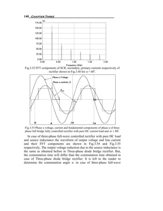 140 Chapter Three




Fig.3.52 FFT components of SCR, secondary, primary currents respectively of
                 rectifier shown in Fig.3.48 for α > 60o.




Fig.3.53 Phase a voltage, current and fundamental components of phase a of three
phase full bridge fully controlled rectifier with pure DC current load and α > 60 .
   In case of three-phase full-wave controlled rectifier with pure DC load
and source inductance the waveform of output voltage and line current
and their FFT components are shown in Fig.3.54 and Fig.3.55
respectively. The output voltage reduction due to the source inductance is
the same as obtained before in Three-phase diode bridge rectifier. But,
the commutation time will differ than the commutation time obtained in
case of Three-phase diode bridge rectifier. It is left to the reader to
determine the commutation angle u in case of three-phase full-wave
 