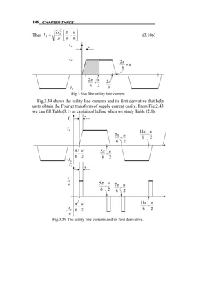 146 Chapter Three

           2I o ⎡π u ⎤
              2
Then I S =        −                                                   (3.106)
            π ⎢ 3 6⎥
                ⎣    ⎦
                     Is
                                      u


                      Io
                                                         2π
                                                            +u
                                                          3


                                      2π u       2π
                                         +
                                       6   2
                    − Io                          3
                          Fig.3.58n The utility line current
   Fig.3.59 shows the utility line currents and its first derivative that help
us to obtain the Fourier transform of supply current easily. From Fig.2.43
we can fill Table(3.1) as explained before when we study Table (2.1).
                                  u
                     Is

                    Io
                                                                    11π u
                                                      7π u             −
                                                        −            6 2
                                                       6 2

                            π u                5π u
                              −                  −
                            6 2                 6 2
                   − Io
                       ′
                      Is
                                  u


                    Io
                    u                      5π u       7π u
                                             −          −
                                            6 2        6 2


                            π u                                      11π u
                        −                                               −
                    I                                                 6 2
                   − o 6 2
                     u
           Fig.3.59 The utility line currents and its first derivative.
 