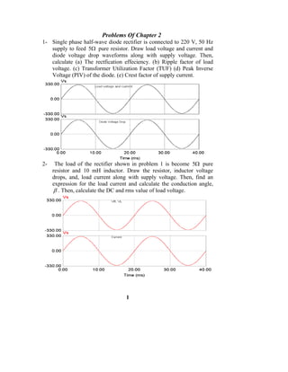 Problems Of Chapter 2
1- Single phase half-wave diode rectifier is connected to 220 V, 50 Hz
   supply to feed 5Ω pure resistor. Draw load voltage and current and
   diode voltage drop waveforms along with supply voltage. Then,
   calculate (a) The rectfication effeciency. (b) Ripple factor of load
   voltage. (c) Transformer Utilization Factor (TUF) (d) Peak Inverse
   Voltage (PIV) of the diode. (e) Crest factor of supply current.




2-    The load of the rectifier shown in problem 1 is become 5Ω pure
     resistor and 10 mH inductor. Draw the resistor, inductor voltage
     drops, and, load current along with supply voltage. Then, find an
     expression for the load current and calculate the conduction angle,
     β . Then, calculate the DC and rms value of load voltage.




                                   1
 