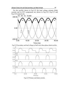 Diode Circuits or Uncontrolled Rectifier                                 53
   For the rectifier shown in Fig.2.21 the load voltage, primary diode
currents and its FFT components are shown in Fig.2.22, Fig.2.23 and
Fig.2.24 respectively.




              π           5π
               6           6




Fig.2.22 Secondary and load voltages of half wave three-phase diode rectifier.




                    Fig.2.23 Primary and diode currents.
 