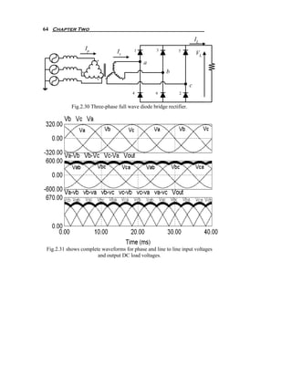 64 Chapter Two
                                                                         IL
                  Ip                               3
                                 Is      1                   5
                                                                         VL
                                             a
                                                        b

                                                                     c
                                        4          6          2


            Fig.2.30 Three-phase full wave diode bridge rectifier.




 Fig.2.31 shows complete waveforms for phase and line to line input voltages
                       and output DC load voltages.
 