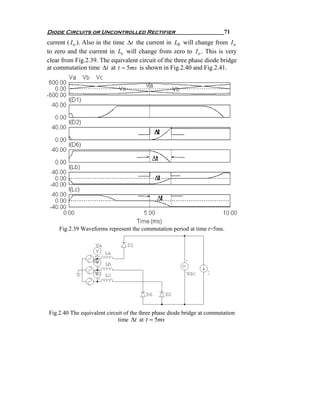 Diode Circuits or Uncontrolled Rectifier                                 71
current ( I o ). Also in the time Δt the current in Lb will change from I o
to zero and the current in Lc will change from zero to I o . This is very
clear from Fig.2.39. The equivalent circuit of the three phase diode bridge
at commutation time Δt at t = 5ms is shown in Fig.2.40 and Fig.2.41.




    Fig.2.39 Waveforms represent the commutation period at time t=5ms.




Fig.2.40 The equivalent circuit of the three phase diode bridge at commutation
                             time Δt at t = 5ms
 