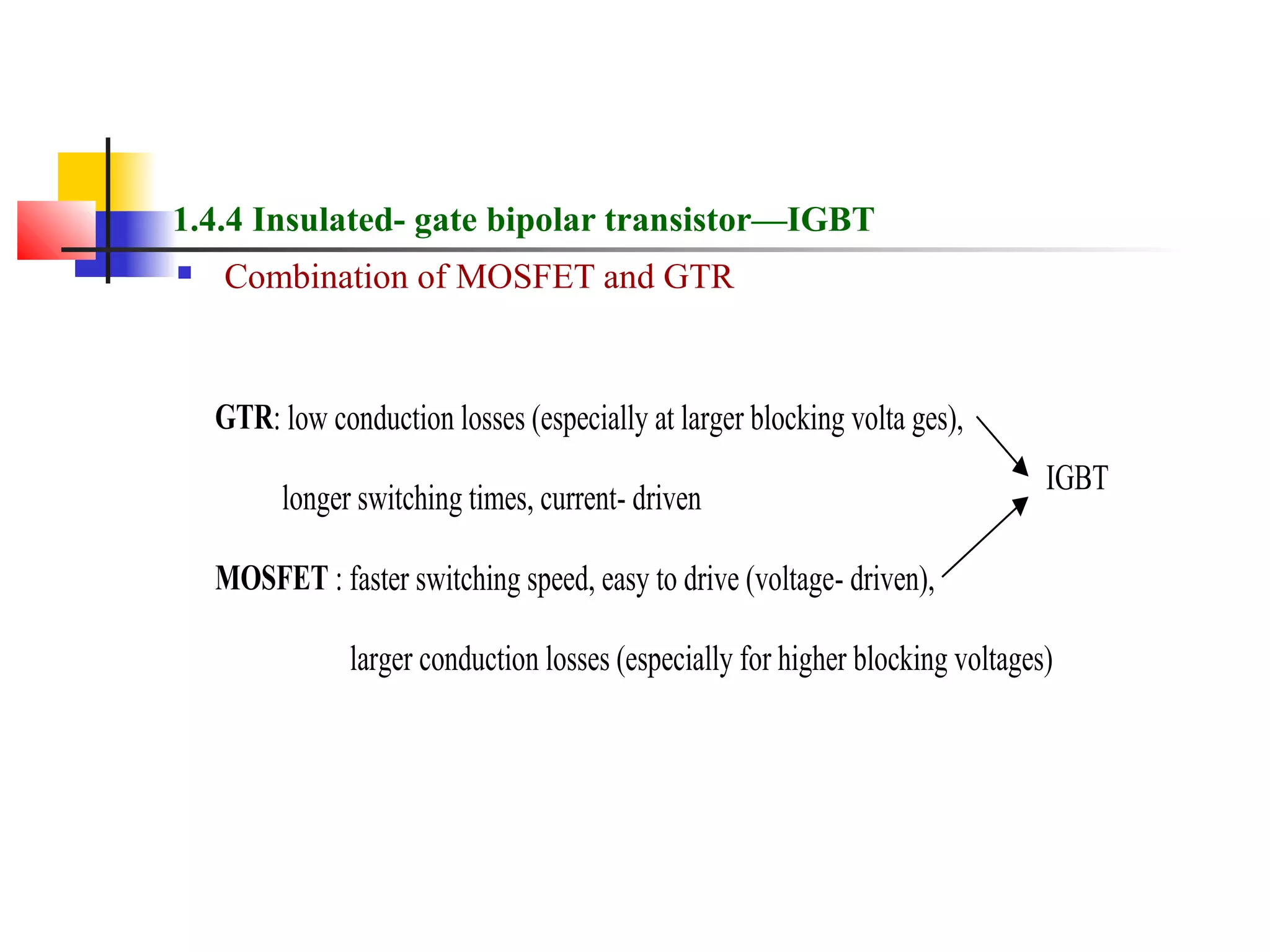 1.4.4 Insulated- gate bipolar transistor—IGBT
 Combination of MOSFET and GTR
GTR: low conduction losses (especially at larger blocking volta ges),
longer switching times, current- driven
MOSFET : faster switching speed, easy to drive (voltage- driven),
larger conduction losses (especially for higher blocking voltages)
IGBT
 