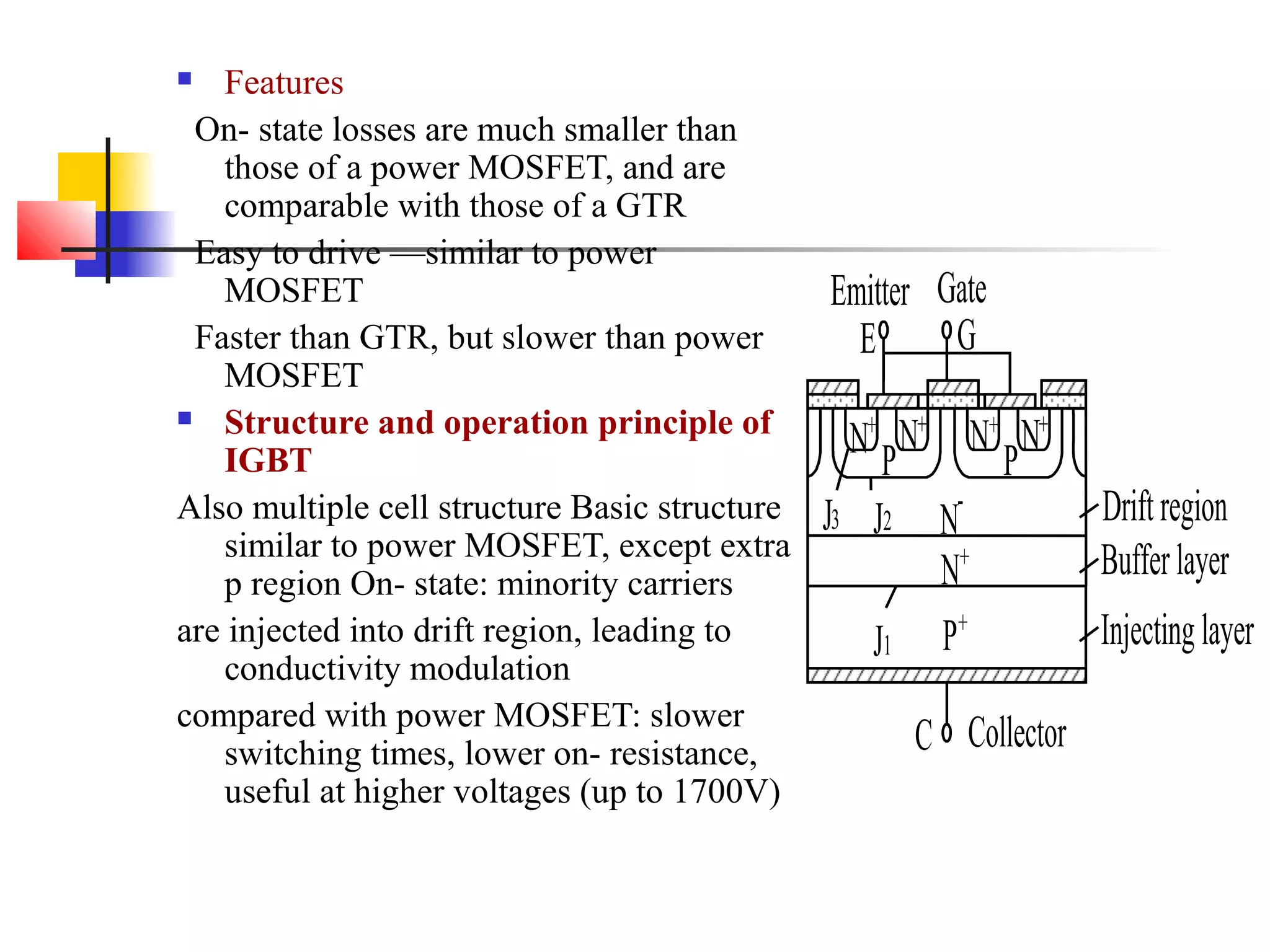  Features
On- state losses are much smaller than
those of a power MOSFET, and are
comparable with those of a GTR
Easy to drive —similar to power
MOSFET
Faster than GTR, but slower than power
MOSFET
 Structure and operation principle of
IGBT
Also multiple cell structure Basic structure
similar to power MOSFET, except extra
p region On- state: minority carriers
are injected into drift region, leading to
conductivity modulation
compared with power MOSFET: slower
switching times, lower on- resistance,
useful at higher voltages (up to 1700V)
E G
C
N+
N
-
PN+
N+
P
N+
N+
P+
Emitter Gate
Collector
Injecting layer
Bufferlayer
DriftregionJ3 J2
J1
 