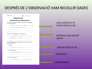 DESPRÉS DE L’OBSERVACIÓ VAM RECOLLIR DADESDESPRÉS DE L’OBSERVACIÓ VAM RECOLLIR DADES
HAN CLASSIFICAT SI
CONTÉ RESTES O NO
MATERIAL QUE HAN FET
SERVIR
SÓN MOSTRES DE SÒL
DESCRIPCIÓ
PROCEDIMENT
 