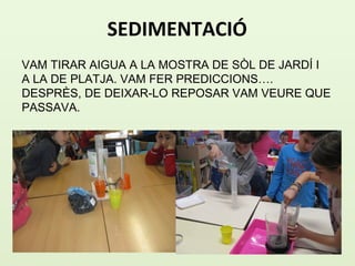 SEDIMENTACIÓ
VAM TIRAR AIGUA A LA MOSTRA DE SÒL DE JARDÍ I
A LA DE PLATJA. VAM FER PREDICCIONS….
DESPRÈS, DE DEIXAR-LO REPOSAR VAM VEURE QUE
PASSAVA.
 