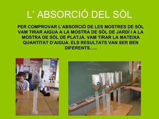 L’ ABSORCIÓ DEL SÒL
PER COMPROVAR L’ABSORCIÓ DE LES MOSTRES DE SÒL
VAM TIRAR AIGUA A LA MOSTRA DE SÒL DE JARDÍ I A LA
MOSTRA DE SÒL DE PLATJA. VAM TIRAR LA MATEIXA
QUANTITAT D’AIGUA. ELS RESULTATS VAN SER BEN
DIFERENTS…..
 
