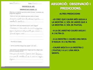 ALTRES PREDICCIONS
--JO CREC QUE CAURÀ MÉS AIGUA A
LA MOSTRA 1 ( SÒL DE JARDÍ) QUE A
LA MOSTRA 2 ( SÒL DE PLATJA).
--A LA DE JARDÍ NO CAURÀ AIGUA I
A L’ALTRA SI.
--A LA MOSTRA 1 CAURÀ UNA MICA
D’AIGUA I A L’ALTRA NO.
--CAURÀ MOLTA A LA MOSTRA 2
( PLATJA) I A LA 1 UNA MICA
MENYS.
 