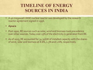 TIMELINE OF ENERGY
SOURCES IN INDIA
▪ A 40 megawatt (MW) nuclear reactor was developed by the research
reactor agreement signed in 1956.
▪ Apsara
▪ Post 1990, RE sources such as solar, wind and biomass took precedence
over other sources.Today over 13% of the electricity is generated from RE.
▪ As of 2015, RE accounted for 34.35GW of installed capacity with the shares
of wind, solar and biomass at 8.6%, 1.3% and 1.6%, respectively.
 