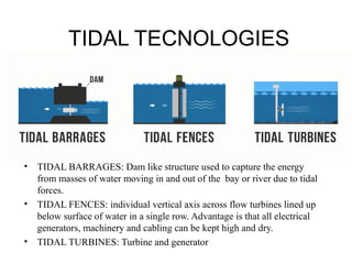 TIDAL TECNOLOGIES
• TIDAL BARRAGES: Dam like structure used to capture the energy
from masses of water moving in and out of the bay or river due to tidal
forces.
• TIDAL FENCES: individual vertical axis across flow turbines lined up
below surface of water in a single row. Advantage is that all electrical
generators, machinery and cabling can be kept high and dry.
• TIDAL TURBINES: Turbine and generator
 
