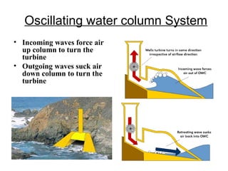 Oscillating water column System
• Incoming waves force air
up column to turn the
turbine
• Outgoing waves suck air
down column to turn the
turbine
 