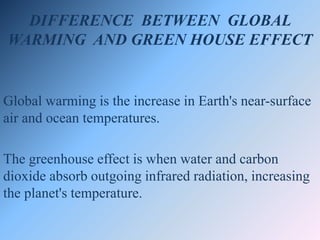 DIFFERENCE BETWEEN GLOBAL
WARMING AND GREEN HOUSE EFFECT
Global warming is the increase in Earth's near-surface
air and ocean temperatures.
The greenhouse effect is when water and carbon
dioxide absorb outgoing infrared radiation, increasing
the planet's temperature.
 