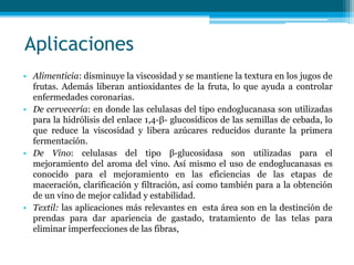 Aplicaciones
• Alimenticia: disminuye la viscosidad y se mantiene la textura en los jugos de
frutas. Además liberan antioxidantes de la fruta, lo que ayuda a controlar
enfermedades coronarias.
• De cervecería: en donde las celulasas del tipo endoglucanasa son utilizadas
para la hidrólisis del enlace 1,4-β- glucosídicos de las semillas de cebada, lo
que reduce la viscosidad y libera azúcares reducidos durante la primera
fermentación.
• De Vino: celulasas del tipo β-glucosidasa son utilizadas para el
mejoramiento del aroma del vino. Así mismo el uso de endoglucanasas es
conocido para el mejoramiento en las eficiencias de las etapas de
maceración, clarificación y filtración, así como también para a la obtención
de un vino de mejor calidad y estabilidad.
• Textil: las aplicaciones más relevantes en esta área son en la destinción de
prendas para dar apariencia de gastado, tratamiento de las telas para
eliminar imperfecciones de las fibras,
 