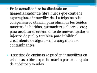 • En la actualidad se ha diseñado un
hemodializador de fibra hueca que contiene
asparaginasa inmovilizada. La tripsina o la
colagenasa se utilizan para eliminar los tejidos
muertos de heridas, quemaduras, úlceras, etc.;
para acelerar el crecimiento de nuevos tejidos e
injertos de piel, y también para inhibir el
crecimiento de algunos microorganismos
contaminantes.
• Este tipo de enzimas se pueden inmovilizar en
celulosas o fibras que formarán parte del tejido
de apósitos y vendas.
 