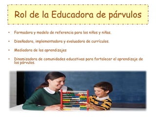 Rol de la Educadora de párvulos
•   Formadora y modelo de referencia para los niños y niñas.

•   Diseñadora, implementadora y evaluadora de currículos.

•   Mediadora de los aprendizajes

•   Dinamizadora de comunidades educativas para fortalecer el aprendizaje de
    los párvulos.
 