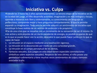 Iniciativa vs. Culpa
(desde los 3 hasta los 5 años aproximadamente). La tercera etapa de la Iniciativa se da
en la edad del juego, el niño desarrolla actividad, imaginación y es más enérgico y locuaz,
aprende a moverse más libre y violentamente, su conocimiento del lenguaje se
perfecciona, comprende mejor y hace preguntas constantemente; lo que le permite
expandir su imaginación. Todo esto le permite adquirir un sentimiento de iniciativa que
constituye la base realista de un sentido de ambición y de propósito.
Se da una crisis que se resuelve con un incremento de su sensación de ser él mismo. Es
más activo y está provisto de un cierto excedente de energía, es posible ocuparse de qué
es lo que se puede hacer con la acción; descubre lo que puede hacer junto con lo que es
capaz de hacer.
1. La intrusión en el espacio mediante una locomoción vigorosa,
2. La intrusión en lo desconocido por medio de una curiosidad grande,
3. La intrusión en el campo perceptual de los demás,
4. Fantasías sexuales, (Los juegos en esta edad tienen especiales connotaciones
    simbólicas sobre aspectos sexuales). Respecto de esto último, el niño posee una
    genitalidad rudimentaria y tiene muchas veces sentimientos de culpa y temores
    asociados a ello.
 