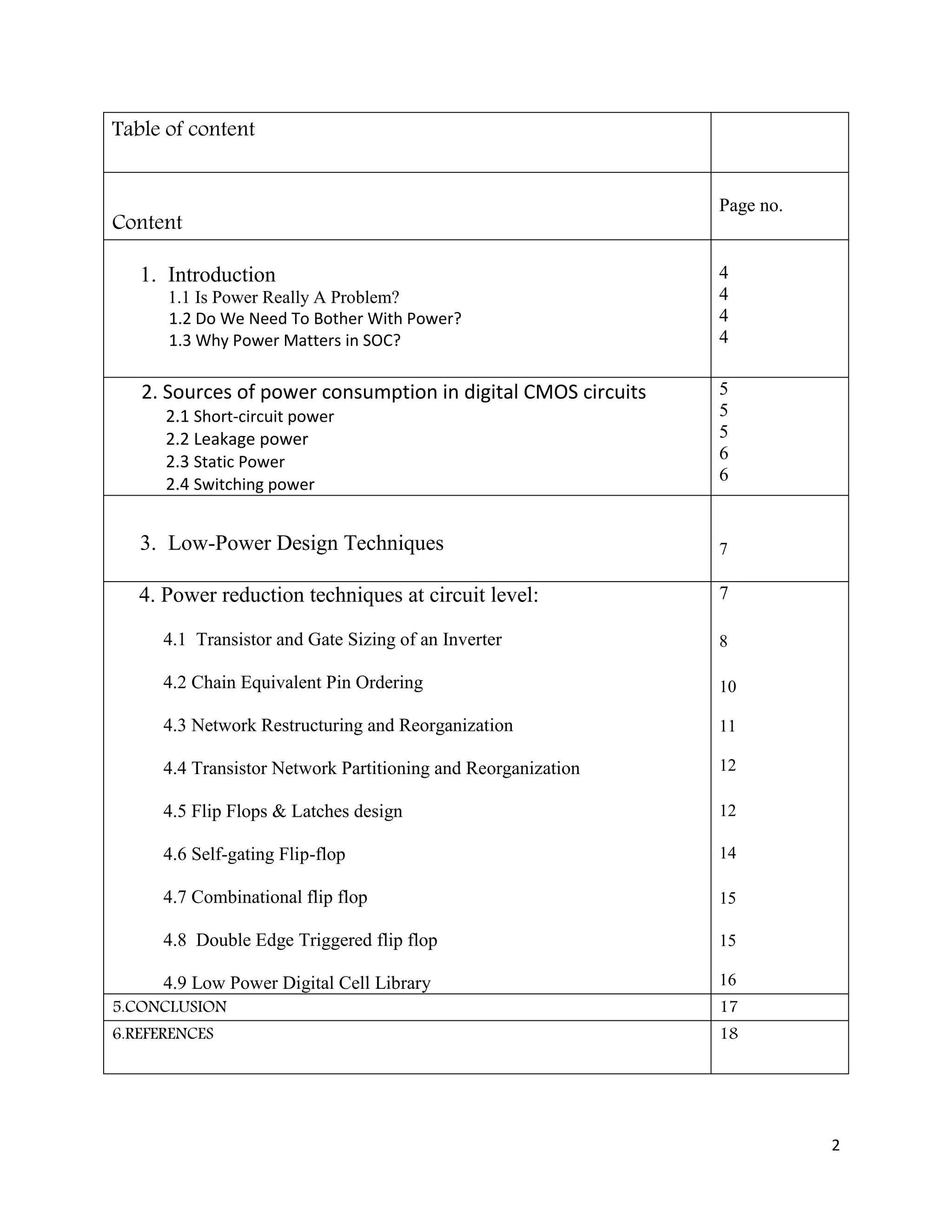 2
Table of content
Content
Page no.
1. Introduction
1.1 Is Power Really A Problem?
1.2 Do We Need To Bother With Power?
1.3 Why Power Matters in SOC?
4
4
4
4
2. Sources of power consumption in digital CMOS circuits
2.1 Short-circuit power
2.2 Leakage power
2.3 Static Power
2.4 Switching power
5
5
5
6
6
3. Low-Power Design Techniques 7
4. Power reduction techniques at circuit level:
4.1 Transistor and Gate Sizing of an Inverter
4.2 Chain Equivalent Pin Ordering
4.3 Network Restructuring and Reorganization
4.4 Transistor Network Partitioning and Reorganization
4.5 Flip Flops & Latches design
4.6 Self-gating Flip-flop
4.7 Combinational flip flop
4.8 Double Edge Triggered flip flop
4.9 Low Power Digital Cell Library
7
8
10
11
12
12
14
15
15
16
5.CONCLUSION 17
6.REFERENCES 18
 
