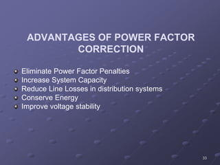 33
ADVANTAGES OF POWER FACTOR
CORRECTION
Eliminate Power Factor Penalties
Increase System Capacity
Reduce Line Losses in distribution systems
Conserve Energy
Improve voltage stability
 
