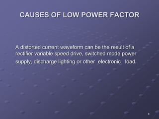 8
CAUSES OF LOW POWER FACTOR
A distorted current waveform can be the result of a
rectifier variable speed drive, switched mode power
supply, discharge lighting or other electronic load.
 