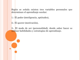 Según se señala existen tres variables personales que
determinan el aprendizaje escolar:

1.- El poder (inteligencia, aptitudes),

2.- El querer (motivación),

3.- El modo de ser (personalidad), donde saber hacer es
utilizar habilidades y estrategias de aprendizaje.
 