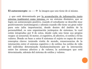 El autoconcepto es ----- la imagen que uno tiene de sí mismo.

 y que está determinada por la acumulación de información tanto
externa (ambiente) como interna, es un sistema dinámico, que se
logra un autoconcepto positivo, cuando el estudiante se describe muy
positivamente (autoimagen) y además cuando ello tiene un gran valor
para este (alta importancia), donde dentro del ámbito de la
personalidad, es una organización jerárquica de sistemas, la cual
están integradas por 6 de estos, donde cada uno tiene sus propios
rasgos: a) sensorial, b) motor, c) cognitivo, d) afectivo, e) estilos y f) los
valores. Donde en base a estos 6 sistemas el sujeto es capaz de crear
conceptos claves: teniendo visión de mundo, consecuencias de la
interacción entre el sistema cognitivo y de estilos; los estilos de vida
del individuo determinado fundamentalmente por la interacción
entre los sistema afectivo y de valores; la autoimagen que está
determinada, además del sistema de estilos y valores.
 