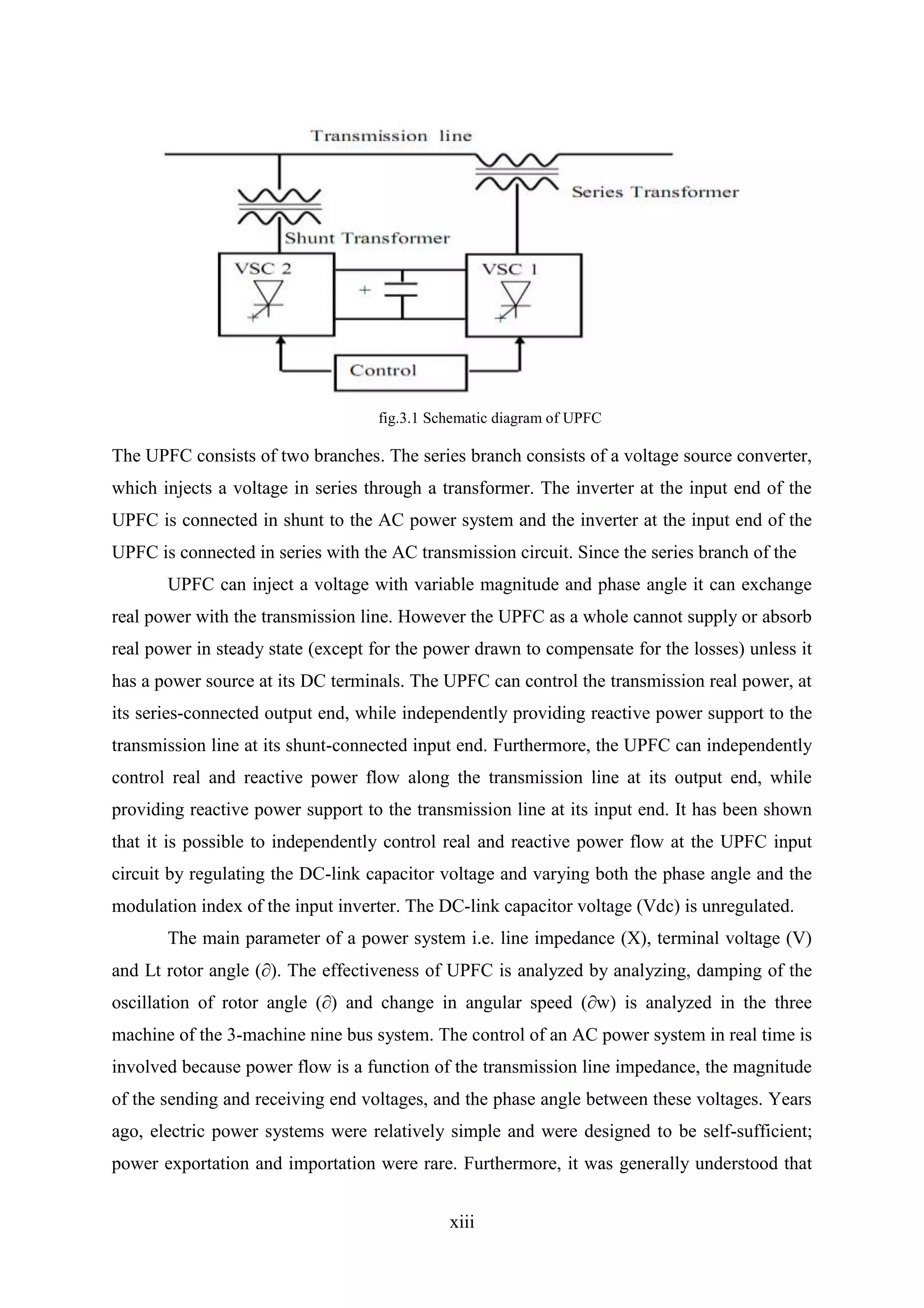xiii
fig.3.1 Schematic diagram of UPFC
The UPFC consists of two branches. The series branch consists of a voltage source converter,
which injects a voltage in series through a transformer. The inverter at the input end of the
UPFC is connected in shunt to the AC power system and the inverter at the input end of the
UPFC is connected in series with the AC transmission circuit. Since the series branch of the
UPFC can inject a voltage with variable magnitude and phase angle it can exchange
real power with the transmission line. However the UPFC as a whole cannot supply or absorb
real power in steady state (except for the power drawn to compensate for the losses) unless it
has a power source at its DC terminals. The UPFC can control the transmission real power, at
its series-connected output end, while independently providing reactive power support to the
transmission line at its shunt-connected input end. Furthermore, the UPFC can independently
control real and reactive power flow along the transmission line at its output end, while
providing reactive power support to the transmission line at its input end. It has been shown
that it is possible to independently control real and reactive power flow at the UPFC input
circuit by regulating the DC-link capacitor voltage and varying both the phase angle and the
modulation index of the input inverter. The DC-link capacitor voltage (Vdc) is unregulated.
The main parameter of a power system i.e. line impedance (X), terminal voltage (V)
and Lt rotor angle (∂). The effectiveness of UPFC is analyzed by analyzing, damping of the
oscillation of rotor angle (∂) and change in angular speed (∂w) is analyzed in the three
machine of the 3-machine nine bus system. The control of an AC power system in real time is
involved because power flow is a function of the transmission line impedance, the magnitude
of the sending and receiving end voltages, and the phase angle between these voltages. Years
ago, electric power systems were relatively simple and were designed to be self-sufficient;
power exportation and importation were rare. Furthermore, it was generally understood that
 
