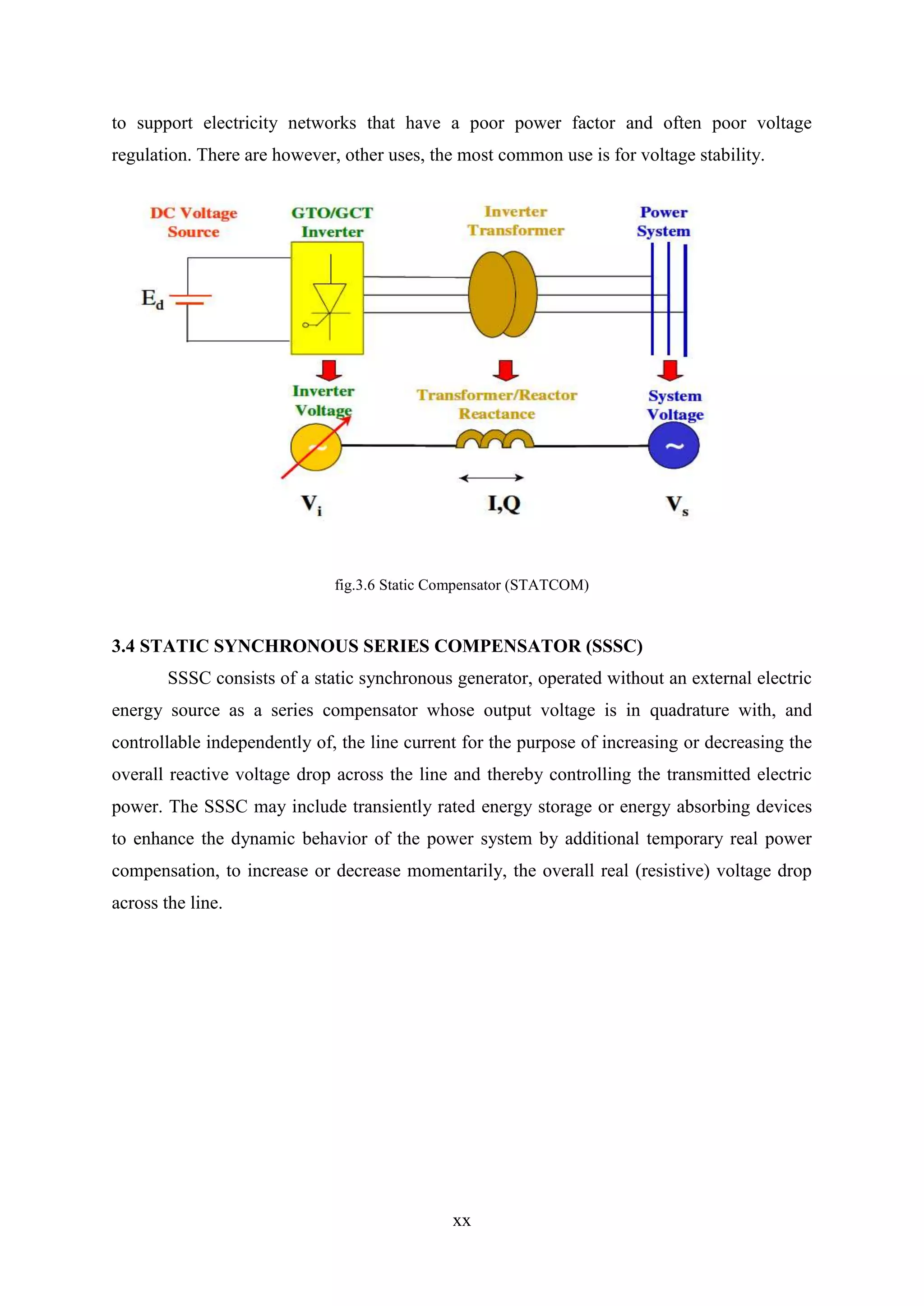 xx
to support electricity networks that have a poor power factor and often poor voltage
regulation. There are however, other uses, the most common use is for voltage stability.
fig.3.6 Static Compensator (STATCOM)
3.4 STATIC SYNCHRONOUS SERIES COMPENSATOR (SSSC)
SSSC consists of a static synchronous generator, operated without an external electric
energy source as a series compensator whose output voltage is in quadrature with, and
controllable independently of, the line current for the purpose of increasing or decreasing the
overall reactive voltage drop across the line and thereby controlling the transmitted electric
power. The SSSC may include transiently rated energy storage or energy absorbing devices
to enhance the dynamic behavior of the power system by additional temporary real power
compensation, to increase or decrease momentarily, the overall real (resistive) voltage drop
across the line.
 