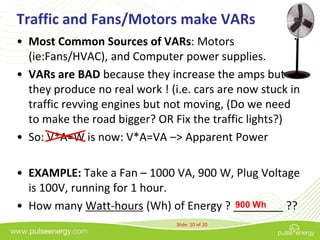Traffic and Fans/Motors make VARs
• Most Common Sources of VARs: Motors
  (ie:Fans/HVAC), and Computer power supplies.
• VARs are BAD because they increase the amps but
  they produce no real work ! (i.e. cars are now stuck in
  traffic revving engines but not moving, (Do we need
  to make the road bigger? OR Fix the traffic lights?)
• So: V*A=W is now: V*A=VA –> Apparent Power

• EXAMPLE: Take a Fan – 1000 VA, 900 W, Plug Voltage
  is 100V, running for 1 hour.
• How many Watt-hours (Wh) of Energy ? ________ ??
                                       900 Wh

                                Slide: 10 of 20
 