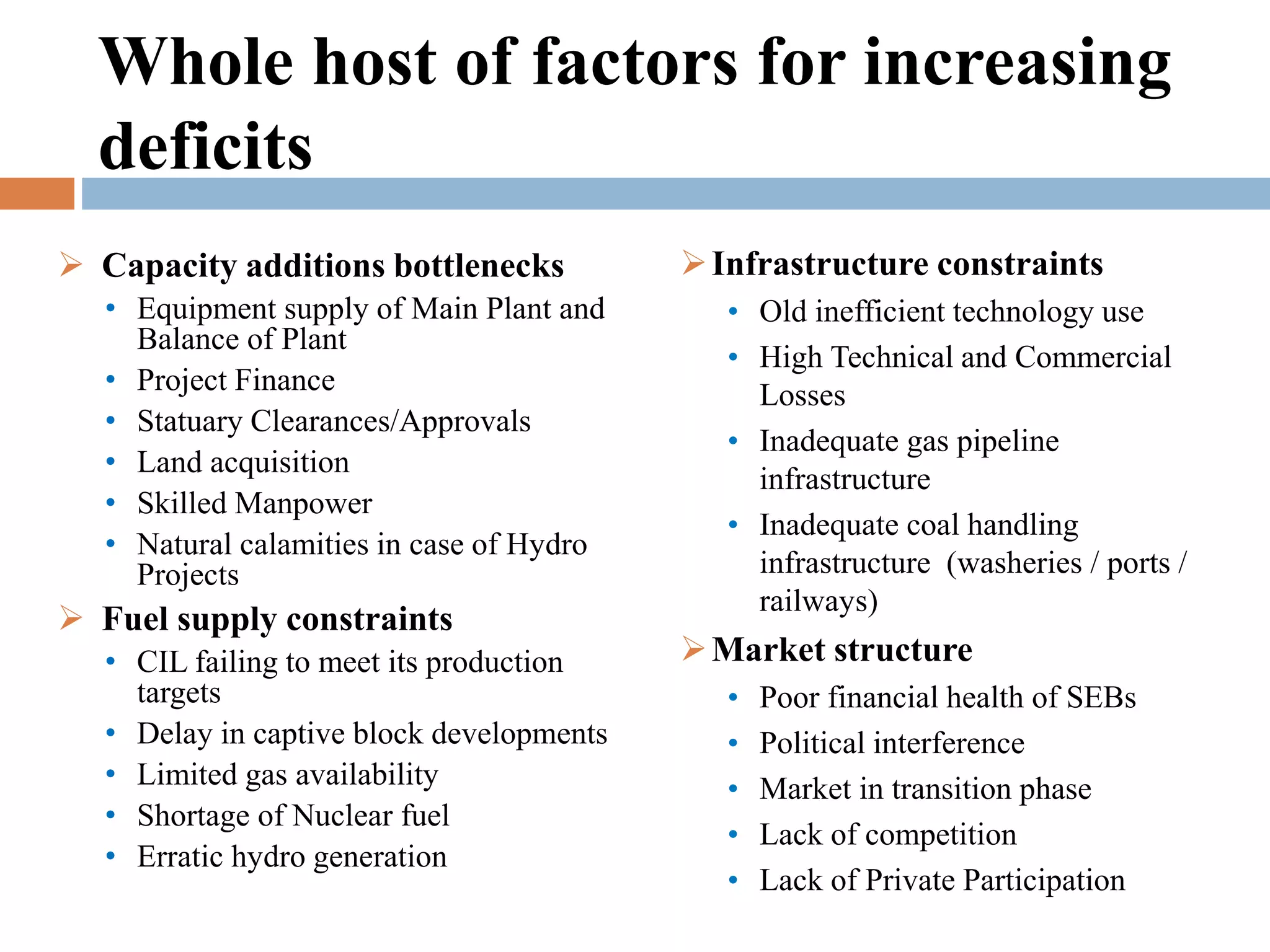 Whole host of factors for increasing
deficits
 Capacity additions bottlenecks
• Equipment supply of Main Plant and
Balance of Plant
• Project Finance
• Statuary Clearances/Approvals
• Land acquisition
• Skilled Manpower
• Natural calamities in case of Hydro
Projects

 Fuel supply constraints
• CIL failing to meet its production
targets
• Delay in captive block developments
• Limited gas availability
• Shortage of Nuclear fuel
• Erratic hydro generation

 Infrastructure constraints
• Old inefficient technology use
• High Technical and Commercial
Losses
• Inadequate gas pipeline
infrastructure
• Inadequate coal handling
infrastructure (washeries / ports /
railways)

 Market structure
•
•
•
•
•

Poor financial health of SEBs
Political interference
Market in transition phase
Lack of competition
Lack of Private Participation

 