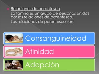 Relaciones de parentesco	La familia es un grupo de personas unidas por las relaciones de parentesco. 	Las relaciones de parentesco son: 
