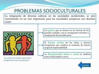 PROBLEMAS SOCIOCULTURALES
La integración de diversas culturas en las sociedades occidentales, se está
convirtiendo en un reto importante para las sociedades receptoras con desafíos
como:


                                     Los guetos que se forman en los barrios de las
                                     grandes ciudades, con la consiguiente exclusión y
                                     marginación de sus habitantes.


                                     El fracaso escolar de los niños y jóvenes
                                     inmigrantes que conlleva la exclusión de futuros
                                     cargos de responsabilidad.


                                     La discriminación étnica o racial en ámbitos
                                     como el del empleo u otros.
Los colores de la foto representan
la diferencia entre las personas

                                                                              VOLVER
 